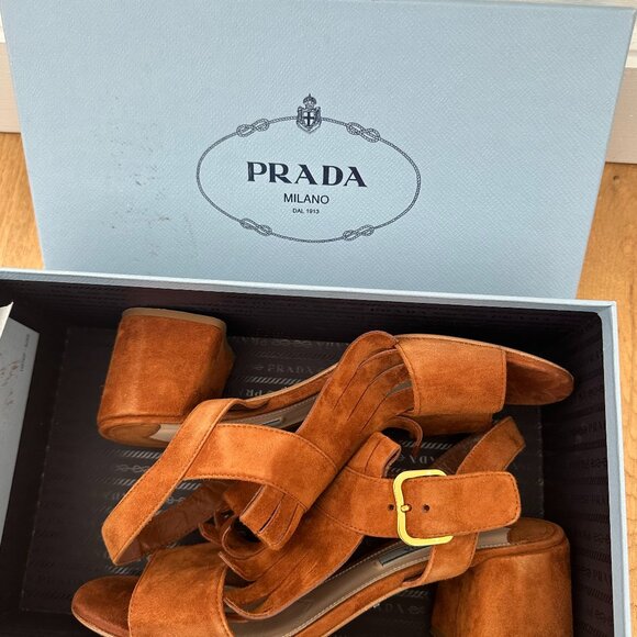 Prada Fringe Slingback Sandals Brown Suede Leather Chunky Block Heels Size 39 - Picture 4 of 13